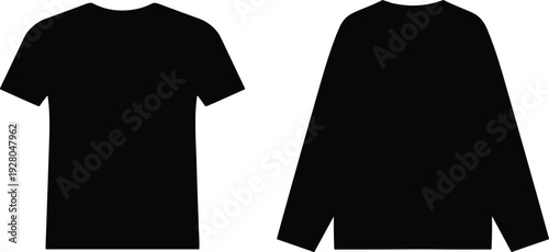 Black silhouette illustration of short-sleeve t-shirt and long-sleeve sweater, showcasing apparel design differences for fashion, clothing catalogs, and graphic design templates