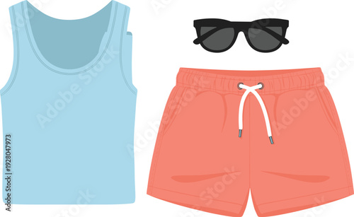 Casual summer outfit illustration featuring sleeveless tank top, coral drawstring shorts with pockets, and classic black sunglasses, representing warm weather fashion and beach style