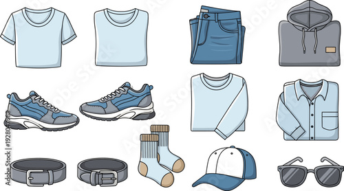 Casual clothing and accessories illustration featuring t-shirts, jeans, hoodie, sneakers, belts, socks, cap, and sunglasses arranged in organized grid layout for fashion design