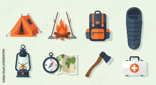 Camping and Outdoor Adventure Gear Set: Tent Campfire Backpack Sleeping Bag Lantern Compass Axe First Aid Kit.