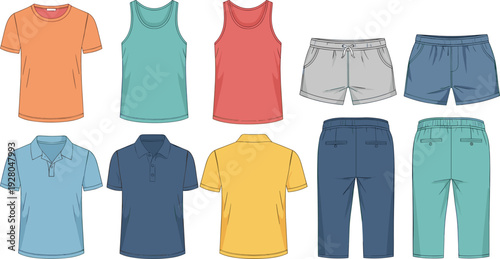 Casual summer clothing illustration featuring t-shirts, tank tops, polo shirts, shorts, and capri pants in colorful designs, representing warm weather fashion and apparel options