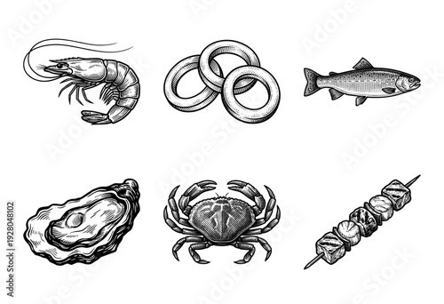 Vintage woodcut style seafood collection featuring shrimp, crab, fish, oyster, squid rings, and grilled skewer