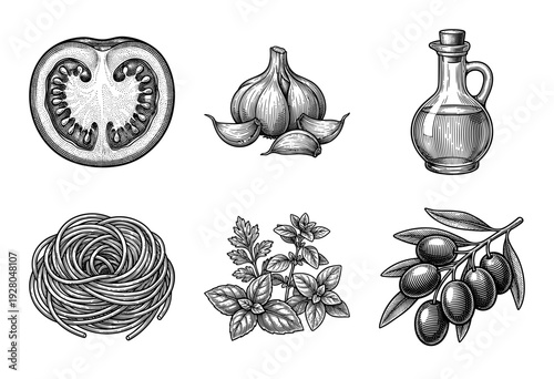 Set of hand drawn vintage engraving illustrations featuring Italian cuisine ingredients including tomato garlic olive oil pasta herbs and olives