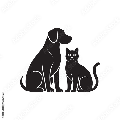 Dog and cat sitting together side by side in minimalist pet silhouette illustration