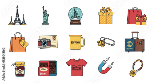 A colorful collection of hand-drawn travel souvenir icons and tourist mementos.