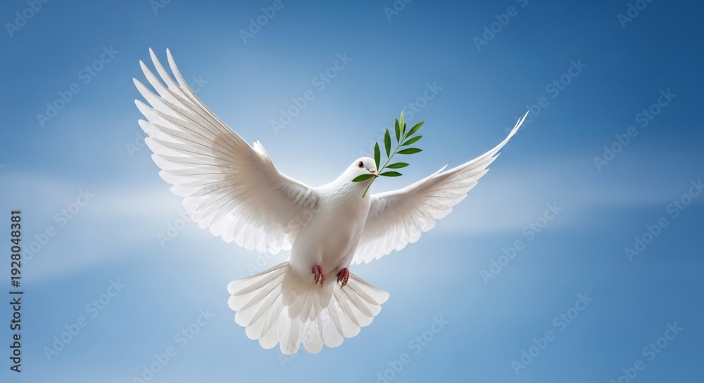 Obraz premium A white dove with an olive branch in its beak flies against a bright blue sky.