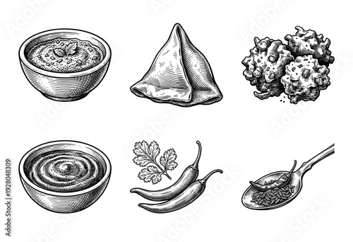 Set of hand drawn monochrome engravings featuring indian snacks and spices including samosa pakora chutney and chili peppers