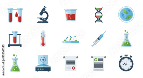 A collection of colorful flat vector icons representing science medicine and laboratory research.