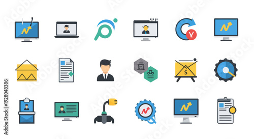 Flat Design Business and Technology Icons Set for Data Analysis and Communication.