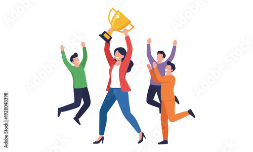 Team Celebrating Victory with Trophy, Successful Business Group