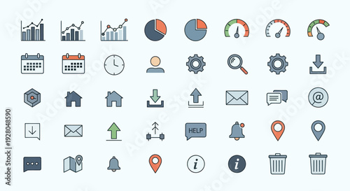 Diverse Digital User Interface Icons Set with Outline and Filled Styles.
