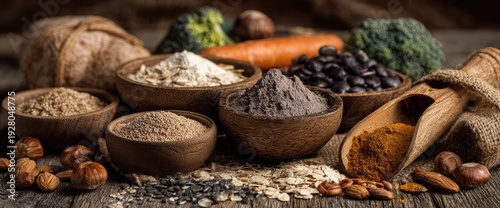 Variety of nutritious food ingredients for healthy eating and cooking