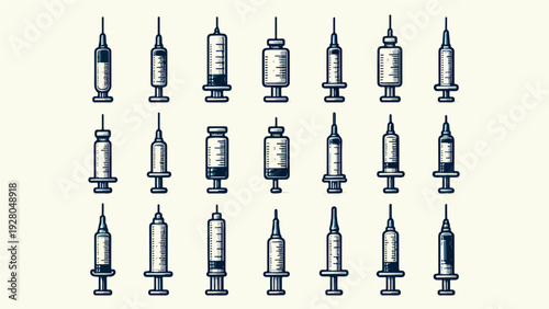 Medical syringe and vaccine injection icon set in a clean vintage engraving style for healthcare and laboratory design