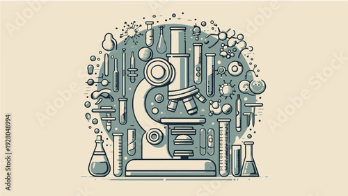 Scientific laboratory research concept featuring a detailed microscope, test tubes, flasks, and chemical equipment in a clean line art style.
