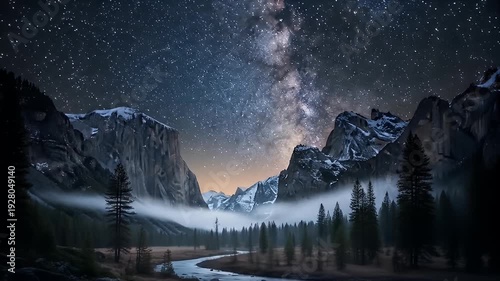 Starry night view of Yosemite National Park with Milky Way over a river and forest