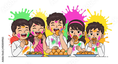 Happy Children Enjoying Colorful Holi Sweets