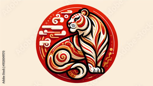 Stylized Chinese Zodiac Tiger Illustration in Traditional Red and Gold Paper-Cut Art Style