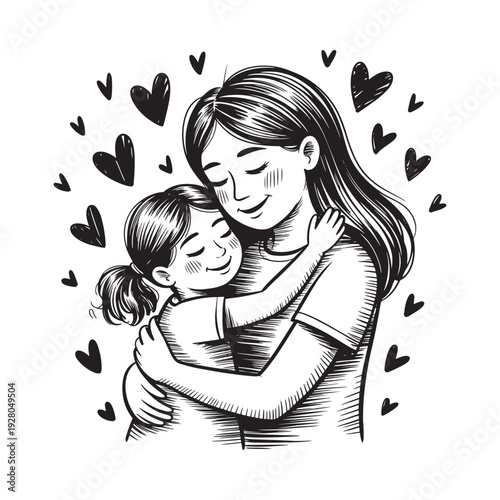A heartwarming illustration depicts a mother and daughter sharing a tender embrace surrounded by floating hearts