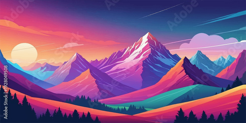 Beautiful mountain landscape with sunrise and sunset light over snowy peaks, misty valleys, blue sky, and calm lake surrounded by forest