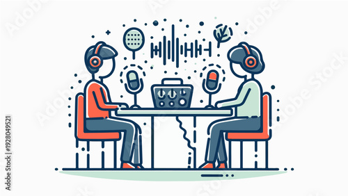 An illustration of two people doing a podcast complete with all their equipment icons