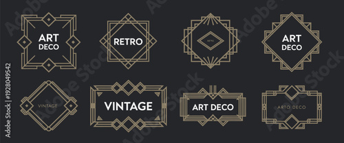 Art Deco Luxury Label Set with Retro Geometric Shapes and Elegant Arabic Lettering, Vintage Minimal Emblem Collection for Premium Branding, Gold Foil Stamp Design, Isolated Vector Illustration Pack