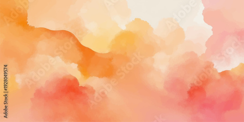 Abstract watercolor blue sky background with vintage paper texture and beautiful white summer clouds under bright sunlight