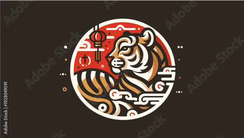 illustration of a tiger zodiac in Chinese style complete with its decorations