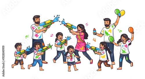 Joyful Family Holi Water Guns Fight