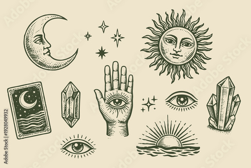 Mystic moon sun crystal symbols engraving vector illustration