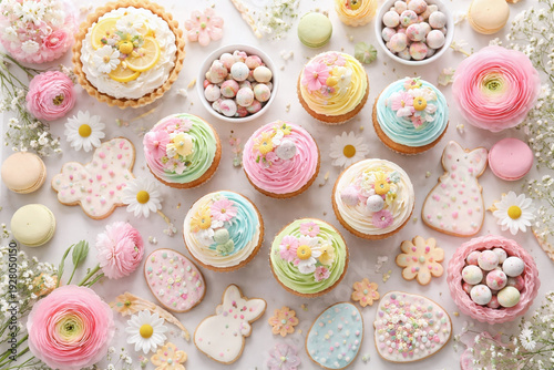 Easter celebration with pastel cupcakes, cookies, and flowers on a bright white background