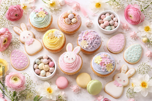 Delightful Easter treats with pastel cupcakes, bunny cookies, and floral decorations