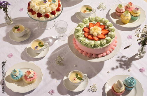 Wallpaper Mural Elegant dessert spread with cakes, cupcakes, and delicate floral decorations on a white tablecloth Torontodigital.ca