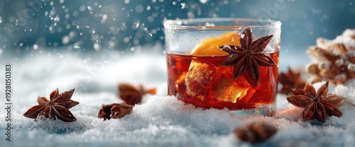 Warm winter cocktail with star anise and orange in snowy setting