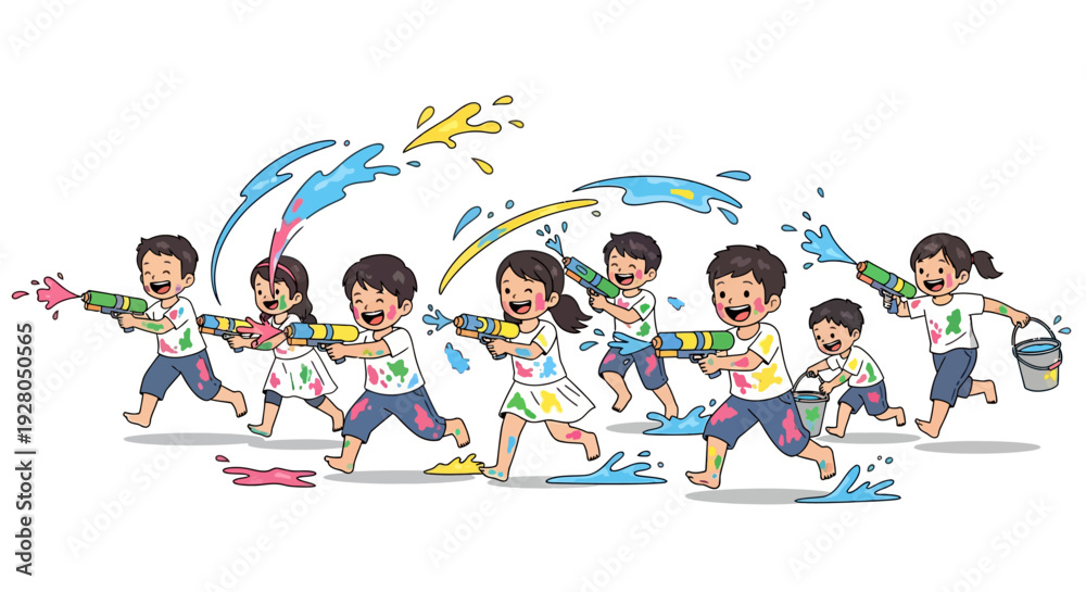 Fototapeta premium Smiling Children Playing Holi With Pichkaris