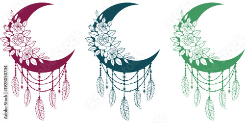 Boho crescent moon with roses and hanging feathers dreamcatcher vector set