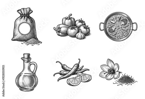 Set of vintage woodcut style illustrations featuring paella ingredients including rice saffron vegetables and olive oil