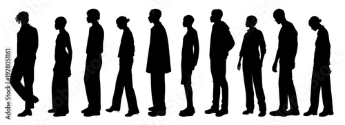 People standing, side view, profile, silhouettes, vector, group of men and women, black color, isolated on white background