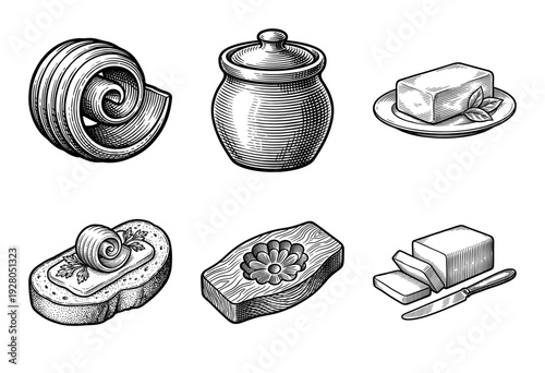 Vintage engraving style collection of dairy butter illustrations featuring curls, blocks, a wooden mold, and butter on toast.