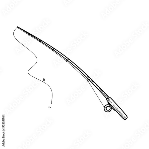hand drawn minimalist fishing rod with hook line art vector illustration