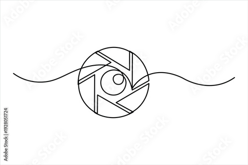 Continuous one line camera lens icon drawing of photography concept, line art lens vector illustration