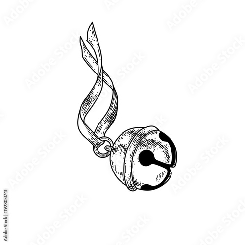 hand drawn jingle bell with ribbon line art vector illustration