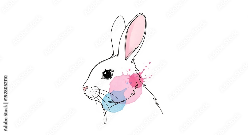 Fototapeta premium Watercolor Splash Rabbit Illustration Minimalist Line Art.