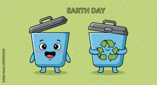 Cartoon Recycling Bin Characters with Lids.