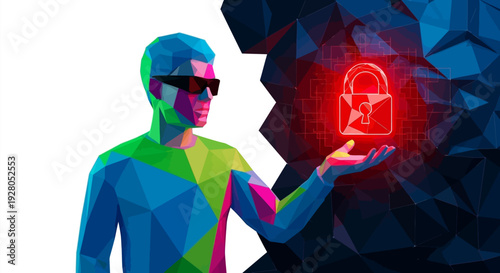 Low poly hacker figure standing near a red polygonal padlock