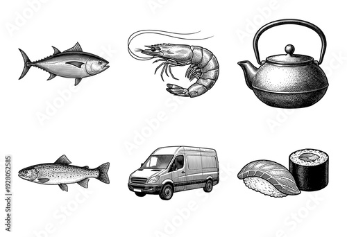 Vintage engraving style collection featuring seafood, sushi, a traditional teapot, and a delivery van in a detailed monochrome woodcut aesthetic.