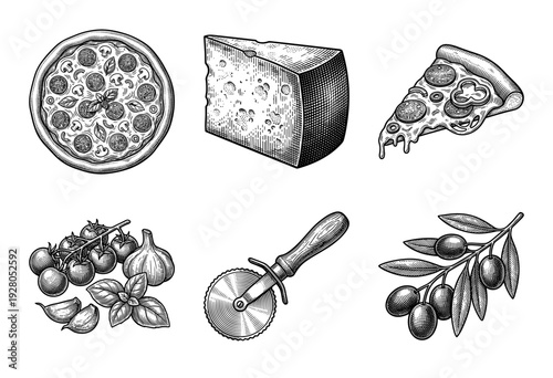 Vintage engraving style collection of pizza elements featuring whole pie, cheese wedge, slice, fresh ingredients, olive branch, and cutter