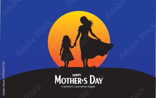 Happy Mother’s Day Silhouette Sunset Illustration – Mom and Daughter Love Artwork