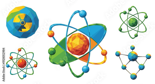 A colorful polygonal atomic model with orbiting electrons is displayed
