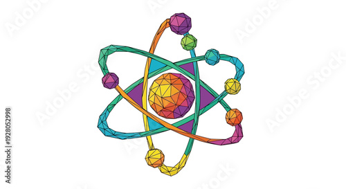 Polygonal atomic models depicting nuclear structures and electron orbits