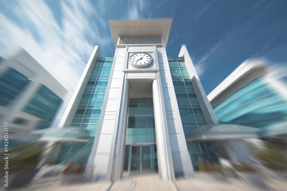 Naklejka premium Modern office buildings with a clock tower under a blue sky.